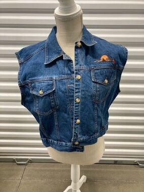 Sleeveless Dark Blue Denim Vest with Sunset Embroidery